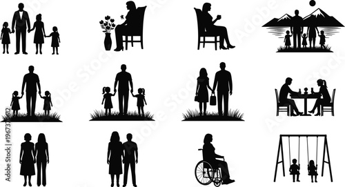 Family life silhouettes collection showing parenting, elderly care, children activities and relationships isolated on white background, social lifestyle, love, support and togetherness concept set