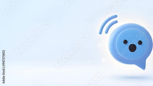 Animated blue speech bubble with changing facial expressions. Cute 3d chat notification icon representing communication, interaction and social media messaging style.