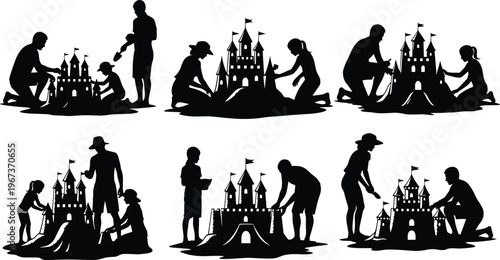 Children building sandcastle silhouettes on beach with parents, summer family activity, seaside vacation fun, playful kids and parenting moments isolated on white background