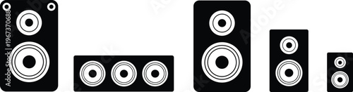 Audio Speaker Silhouette Collection for Sound Systems, Music Equipment Set with Professional Studio Monitors and Subwoofers for Home Theater