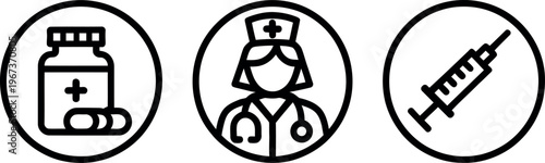 Icons representing healthcare, medication, and medical treatment