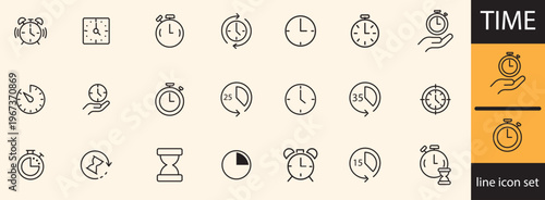A collection of various time related line icons is displayed showing clocks timers and hourglasses in different styles high quality professional detailed modern