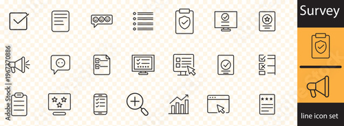 A collection of thin line icons representing various survey and feedback related concepts including forms charts and communication high quality professional detailed modern