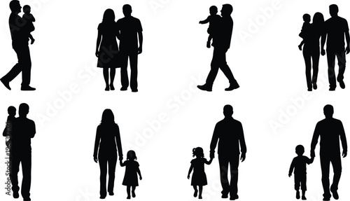 Family silhouettes collection with parents and children walking, holding hands and carrying kids, isolated on white background, parenting, love, care and togetherness concept