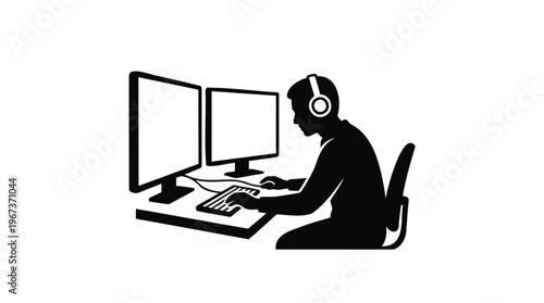 Focused individual engaged in a dual-monitor computing setup, emphasizing concentration in a digital work or gaming environment