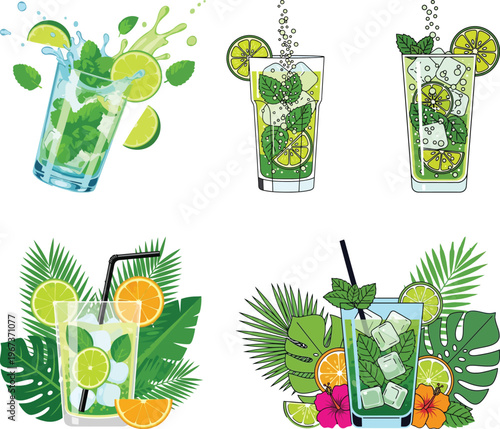 Mojito Cocktail Vector Illustration Set – Fresh Lime Mint Drink, Summer Tropical Beverage with Ice, Citrus & Splash Collection