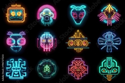futuristic cyberpunk icons with neon glow