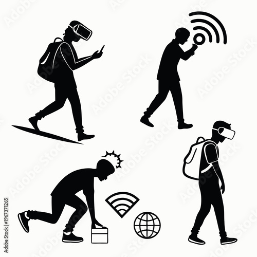 A vector graphic illustration of four silhouetted people using technology and interacting with virtual and physical elements.