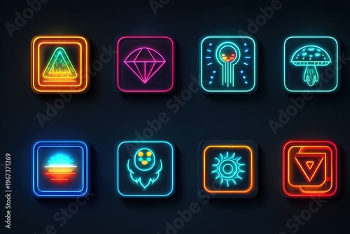 futuristic cyberpunk icons with neon glow