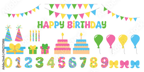 Bright birthday vector elements set Balloons, cakes, garlands, flags, numbers from zero to nine, party hats gift boxes Colorful festive collection For invitations, cards, posters celebration designs.