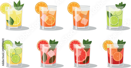 Fresh citrus cocktails and detox drinks collection vector illustration with lemon orange lime grapefruit mint refreshing summer beverages set