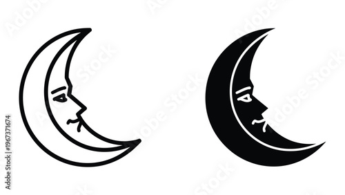 Contrasting depictions of a crescent moon with anthropomorphic facial features in light and dark styles