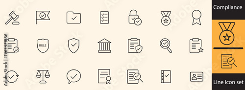 A collection of thin line icons representing compliance legal standards certifications and quality assurance concepts in a visual format high quality professional detailed