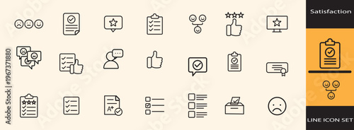 A collection of linear icons depicts customer satisfaction feedback reviews ratings and service quality elements in a neutral tone high quality professional detailed