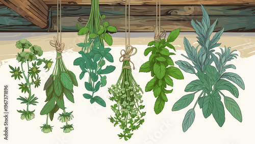 Hanging herbs collection in a rustic style, showcasing green freshness and natural beauty