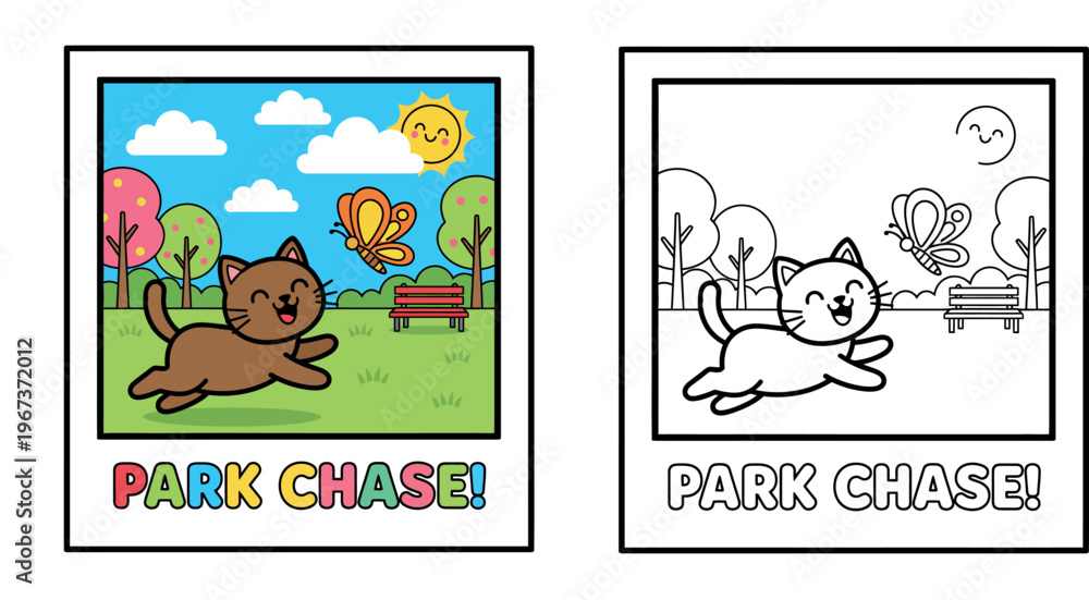 Fototapeta premium Cute Cartoon Cat Chasing a Butterfly in a Park