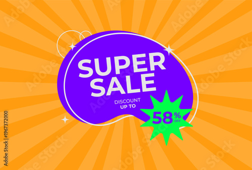 Discount up to 58% off Super sale. Fifty eight percent off promotion. Super sale business banner on rays orange background. Vector illustration.
