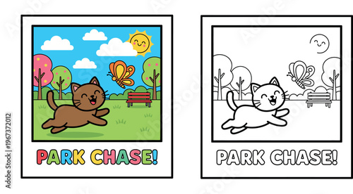 Cute Cartoon Cat Chasing a Butterfly in a Park