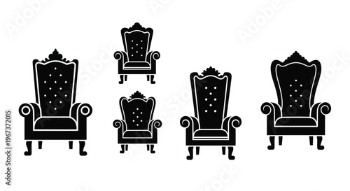 Four ornate armchairs displayed in a simple black silhouette