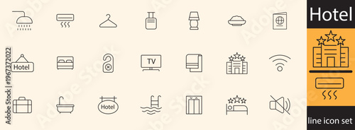 A collection of delicate line icons representing various amenities and services commonly found within a hotel environment high quality professional detailed modern elegant