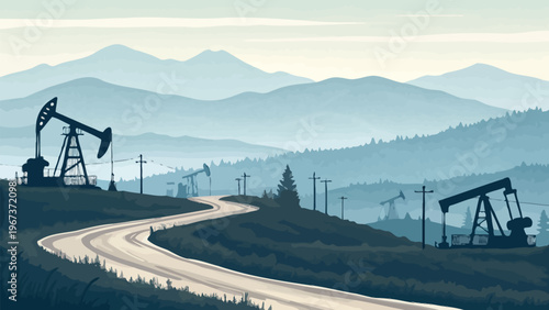 Oil rigs and pump jacks on rolling hills with winding road and distant mountains at dusk