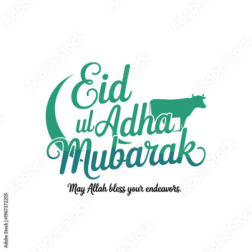 Eid ul Adha Mubarak greeting with a crescent moon and cow illustration