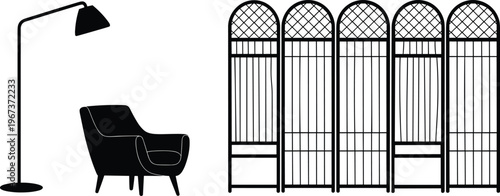 Interior Living Room Furniture Silhouette with Comfortable Armchair and Floor Lamp, Modern Room Divider Screen and Home Decor Design Elements