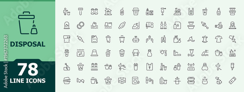 Set of Disposal line icon. Contain linear symbols garbage, rubbish, waste recycling, environmental, recycle, ecological and more. Minimalist icons collection. Eco icon pack. Vector illustration.