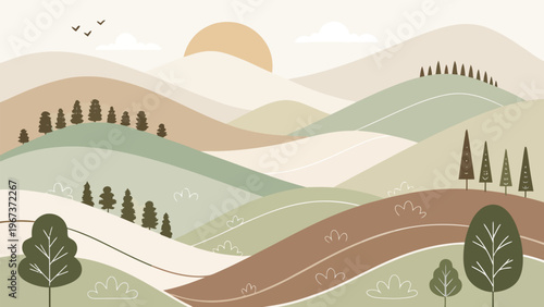 Scandinavian style abstract hills with muted earth tones and trees under a sunny sky