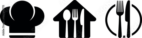 Three icons representing chef, restaurant, and dining utensils