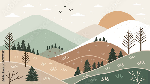 Scandinavian style abstract hills with muted earth tones and trees under a cloudy sky at sunset
