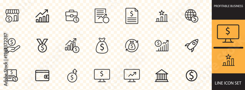 A collection of line icons depicting various business and finance related concepts including growth investment and profitability high quality professional detailed modern elegant
