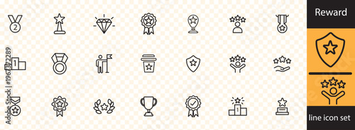 A collection of monochrome line icons depicting various awards achievements and recognition symbols on a dotted background high quality professional detailed modern elegant