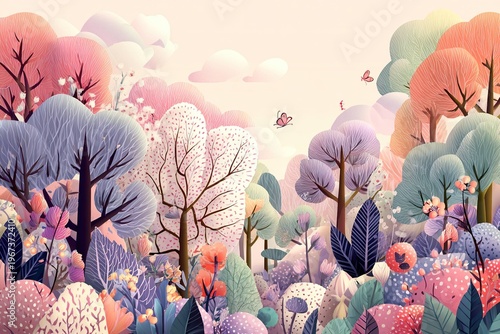 pastel-colored vector illustration of spring garden