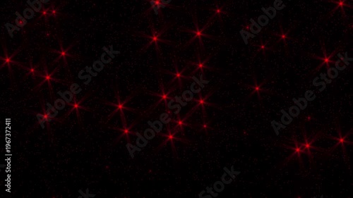 Red twinkle stars and light rays explode and float in space
