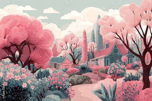 pastel-colored vector illustration of spring garden