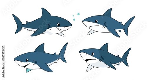 Friendly shark illustrations in four different swimming poses featuring shades of blue and white isolated on a plain background.