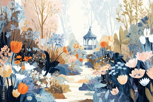 pastel-colored vector illustration of spring garden
