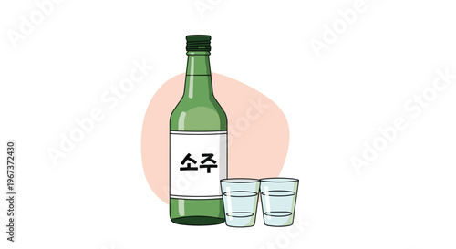 Illustration of a green bottle of Korean soju with a label in Korean characters and two clear shot glasses filled with the spirit.