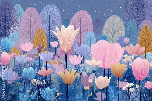 pastel-colored vector illustration of spring garden