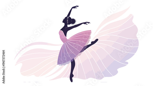 Elegant ballerina silhouette dancing in soft pink and purple gradient tutu on white background