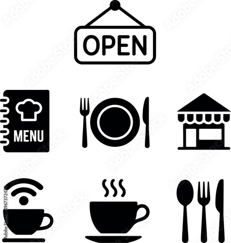 Collection of icons representing a cafe or restaurant's essential services and offerings