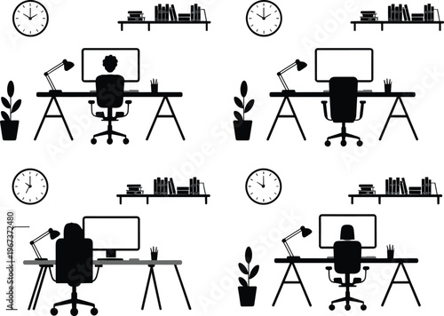 Minimalist black and white home office desk setup silhouette with computer, chair, lamp, plant, clock and bookshelf vector illustration