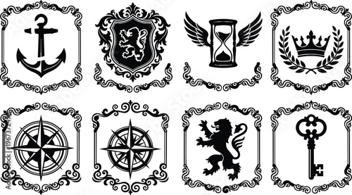 Set of black silhouette heraldic emblems with vintage ornaments and symbols