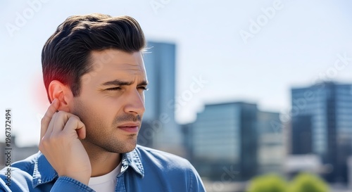 Man suffering from acute earache and hearing loss. Medical healthcare and otology concept. Casual young male touching his painful ear outdoors in the city