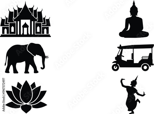 Set of black silhouette icons showcasing traditional Thai cultural landmarks