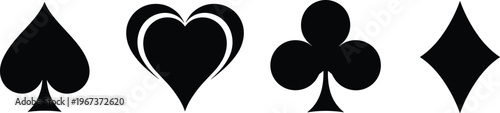 Four Black Playing Card Suits Spades Hearts Clubs Diamonds On White Keywords: playing cards, card suits, spades, hearts, clubs