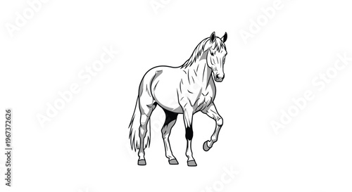 Majestic white horse illustration shown in a trotting or walking gait with detailed shading and realistic animal anatomy features.