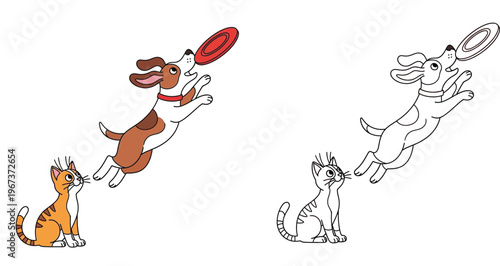 Cute cartoon dog catching a frisbee while a cat watches. Includes colored and black line art coloring page vector illustration.