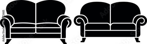 Classic black chesterfield sofas arranged side by side in a minimalist design layout